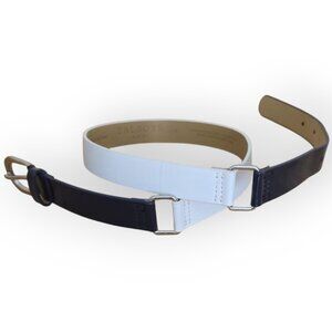 Talbots Navy Blue & White Faux Patent Leather Links Silver Buckle Belt S